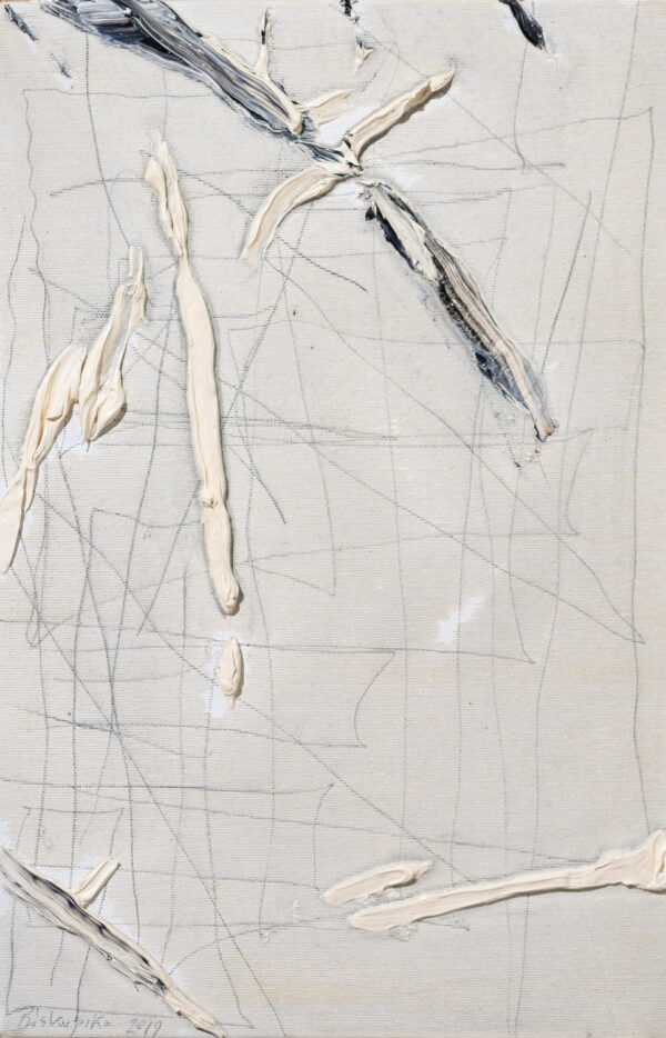 Obraz abstrakcyjny, czarno-biały, fakturalny, z rysunkiem ołówkiem