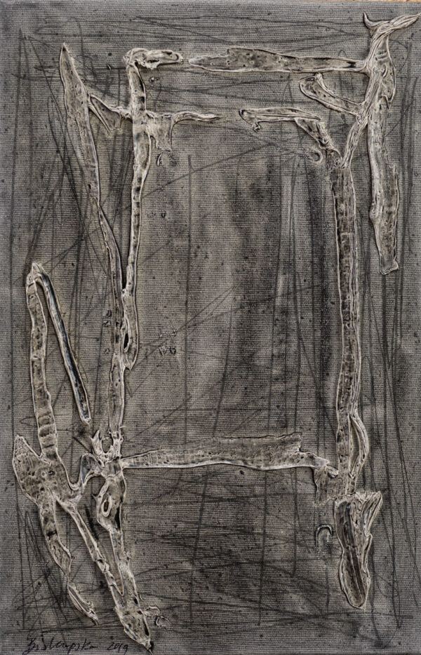 Obraz abstrakcyjny, szary z fakturalnymi liniami