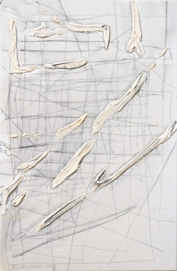 Obraz abstrakcyjny, z rysunkiem ołówkiem i olejem, minimalistyczny