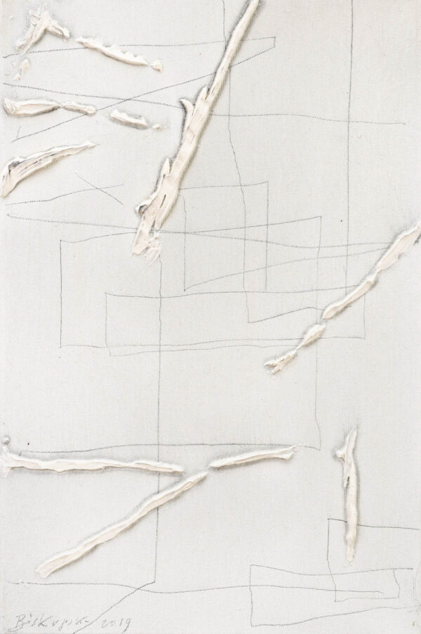 Obraz abstrakcyjny, z rysunkiem ołówkiem i olejem, minimalistyczny