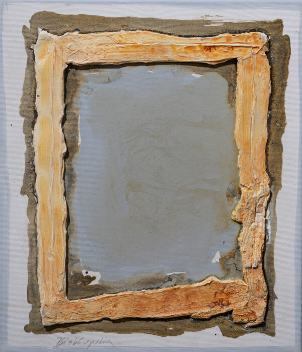 Obraz abstrakcyjny w niebieskiej tonacji z złocistym prostokątem