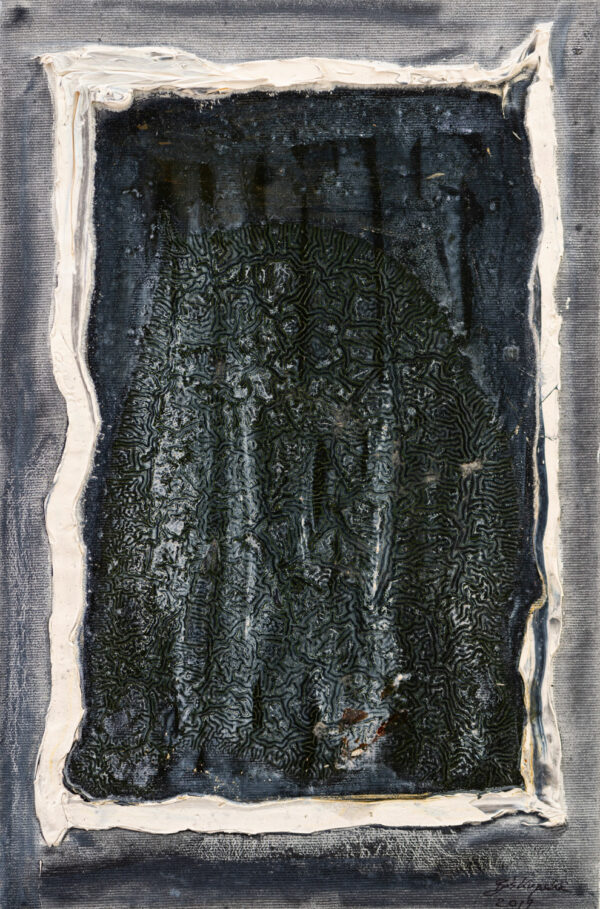 Obraz abstrakcyjny, czarno-szary z fakturalnym prostokątem i białą krawędzią