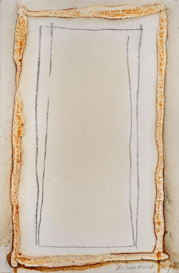 Obraz abstrakcyjny, biały i złocisty z rysunkiem prostokąta, minimalistyczny