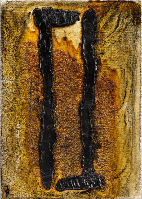 Obraz abstrakcyjny, fakturalny, z czarnymi znakami