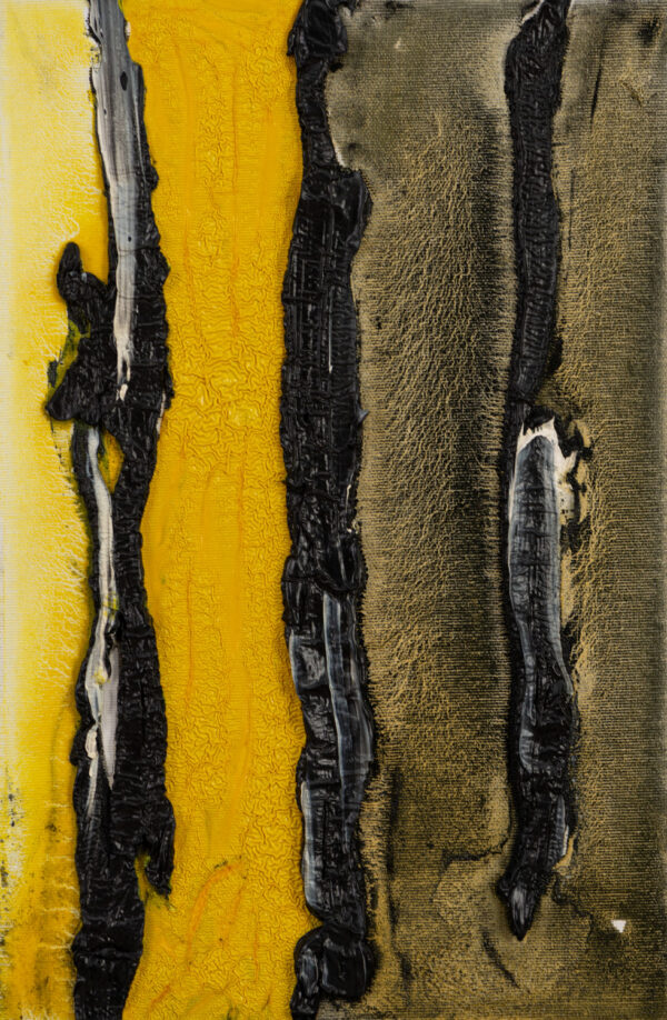 Obraz abstrakcyjny z trzema, pionowymi czarnymi liniami