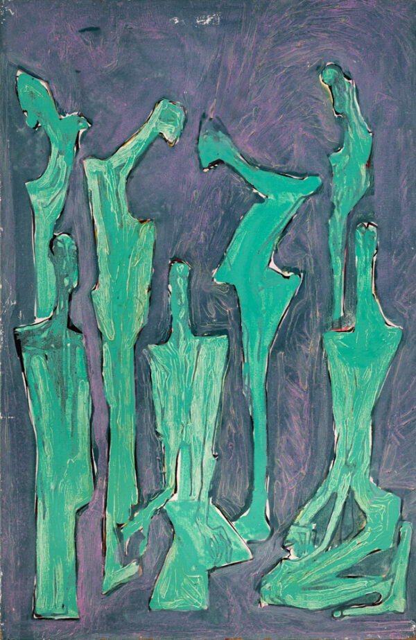 Sześć zielonych figur na fioletowym tle