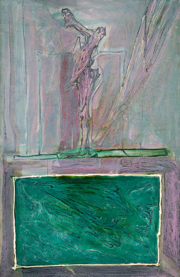 Figura z profilu nad zielonym prostokątem