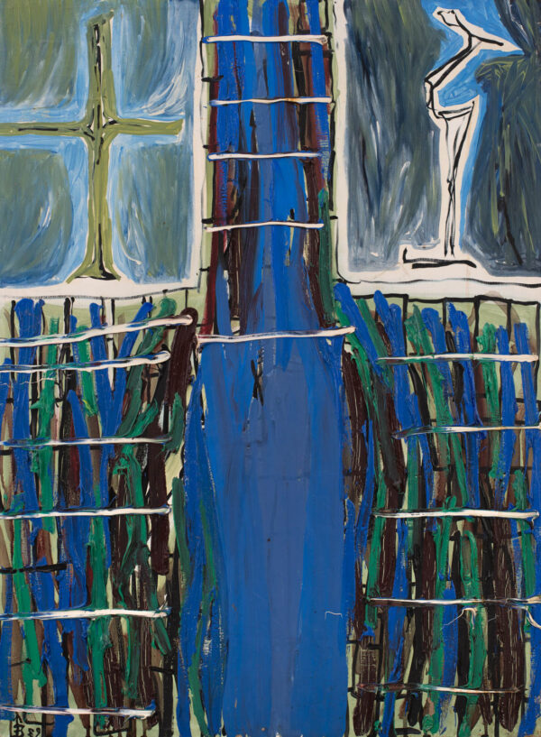 Obraz z dwoma figurami na tle kraty w tonacji niebieskiej