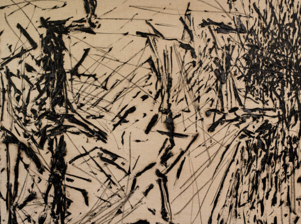 Obraz zfigurami na tle czarnych kresek