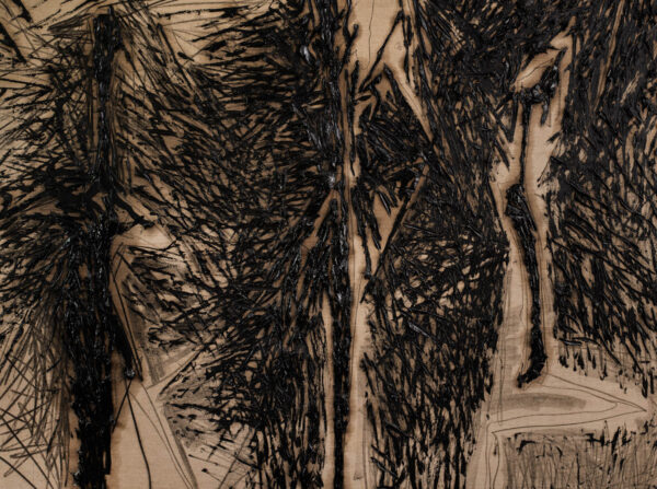 Obraz z trzema figurami na tle czarnych kresek