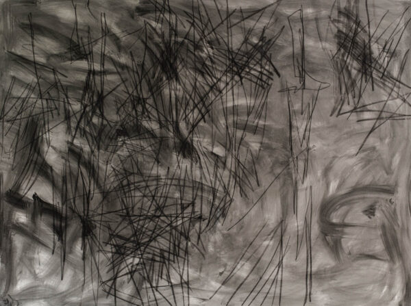 Obraz z figurą na szarym tle i abstrakcyjnym rysunku