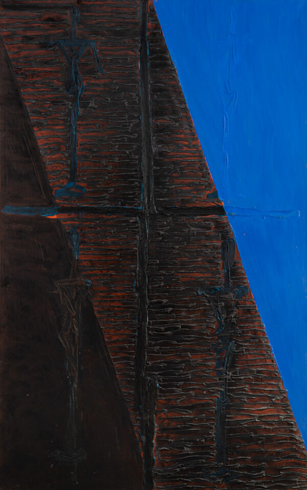 Obraz abstrakcyjny niebiesko-czerwono-czarny z podziałem na cztery części z figurami