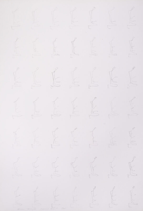 Papier z zmultiplikowanymi rysunkiem klęczącej figury pokrytym olejem