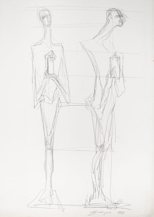 Rysunek jednonogiej figury z pudełkiem w rękach