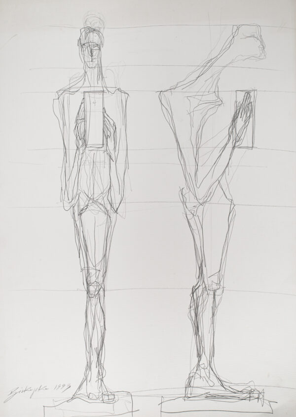 Rysunek jednonogiej figury z pudełkiem w rękach