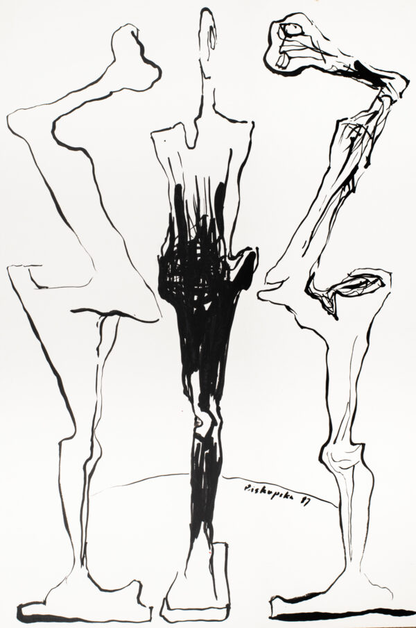 Szkice trzech figur z jedną nogą w różnych ujęciach