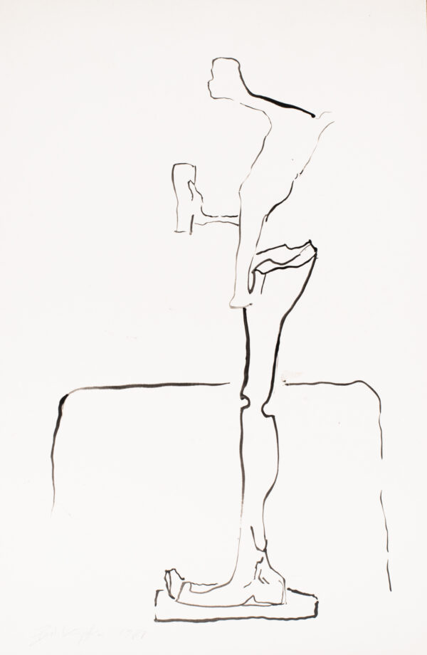 Szkic figury stojącej z jedną nogą i pudełkiem w dłoniach