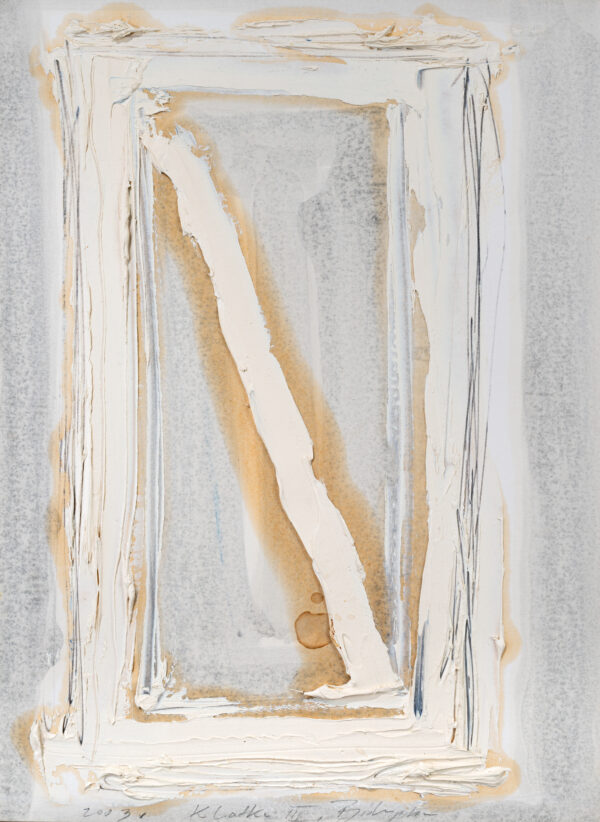 Abstrakcyjny obraz na papierze z białym prostokątem i diagonalną linią