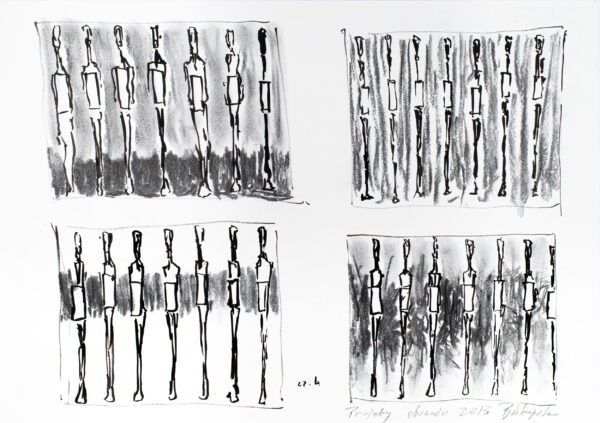 Zespół schematycznych rysunków wielu figur w czterech kwaterach