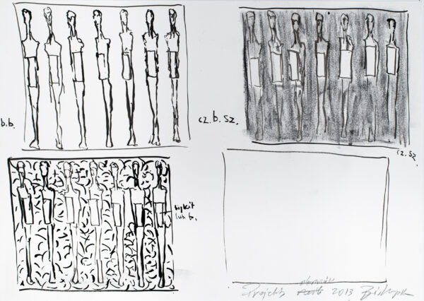 Zespół schematycznych rysunków wielu figur w czterech kwaterach