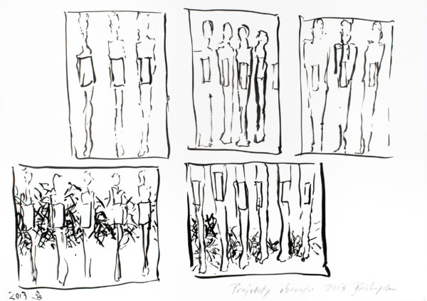 Zespół schematycznych rysunków wielu figur w pięciu kwaterach