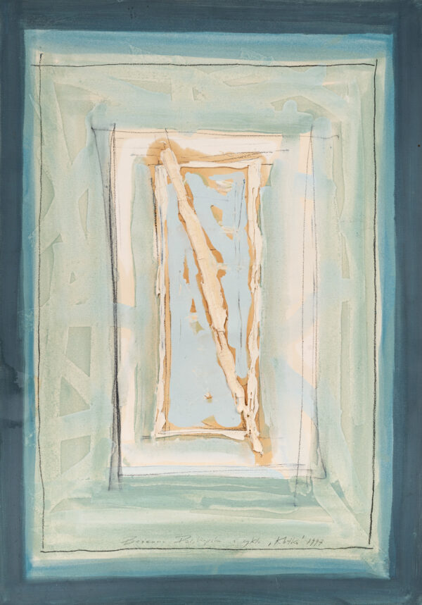 Obraz abstrakcyjny z niebiesko-białymi prostokątami i białą diagonalną linią pośrodku