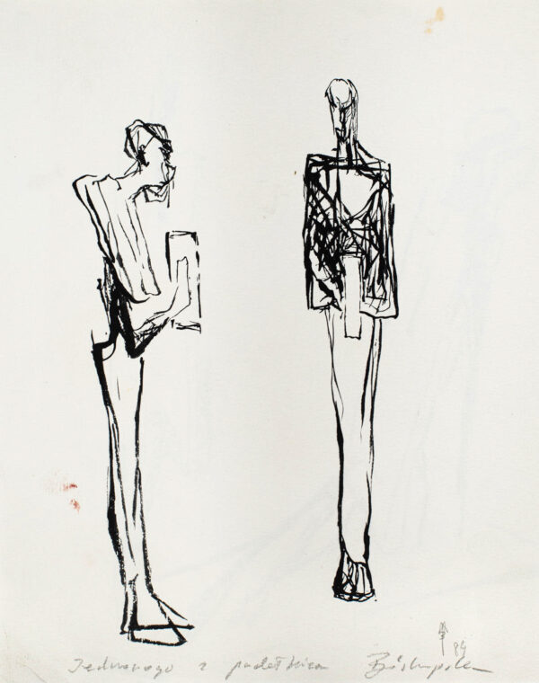 Szkice dwóch postaci z pudełkiem w dłoniach