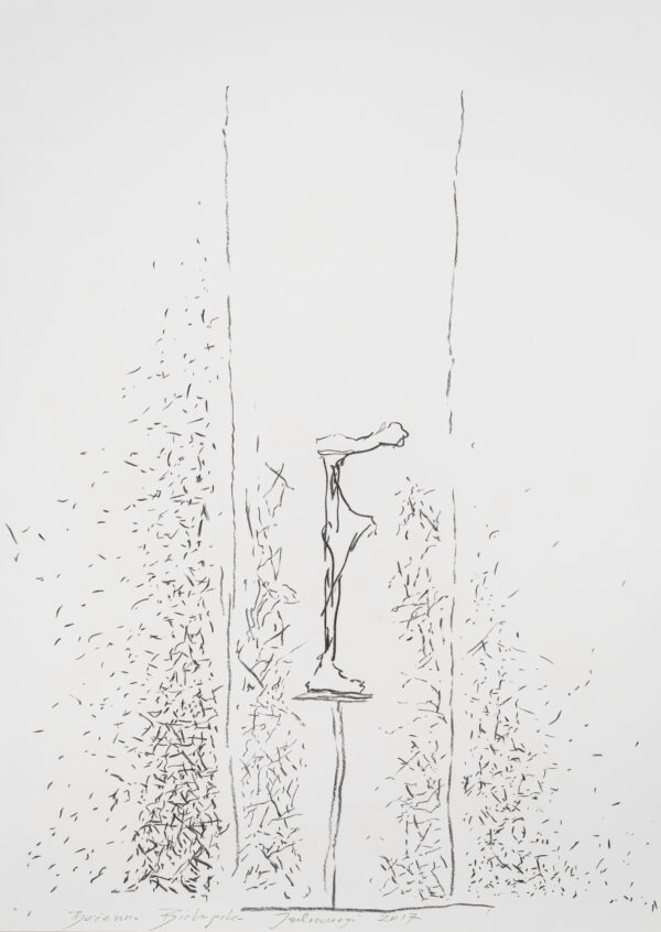 Rysunek figury z profilu z jedną nogą na cokole