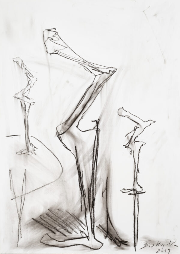 Rysunek figur z profilu z jedną nogą w tym na cokole