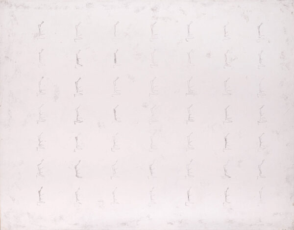 Obraz z rysowaną, zmultiplikowaną figurą klęczącą w układzie 7 x 7