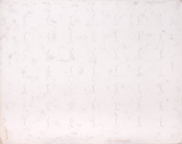 Obraz z rysowaną, zmultiplikowaną figurą klęczącą w układzie 7 x 7