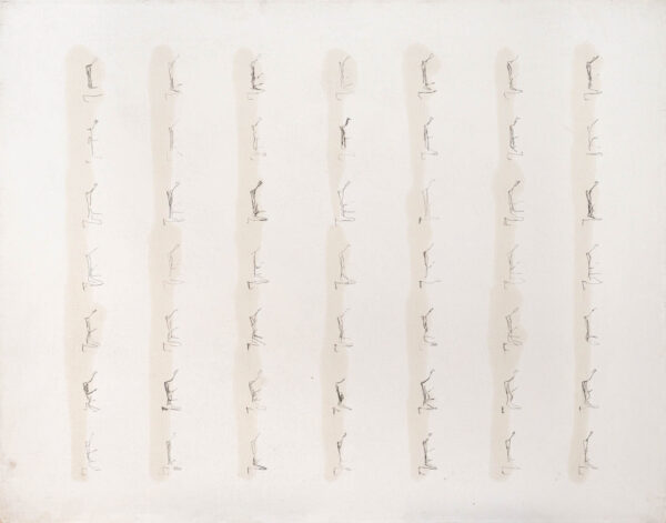 Obraz z rysowaną, zmultiplikowaną figurą klęczącą w układzie 7 x 7