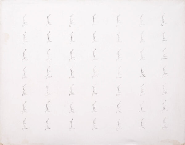 Obraz z rysowaną, zmultiplikowaną figurą klęczącą w układzie 7 x 7