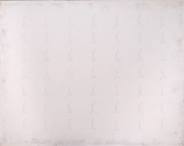 Obraz z rysowaną, zmultiplikowaną figurą klęczącą w układzie 7 x 7