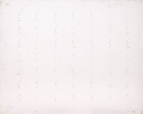 Obraz z rysowaną, zmultiplikowaną figurą klęczącą w układzie 7 x 7